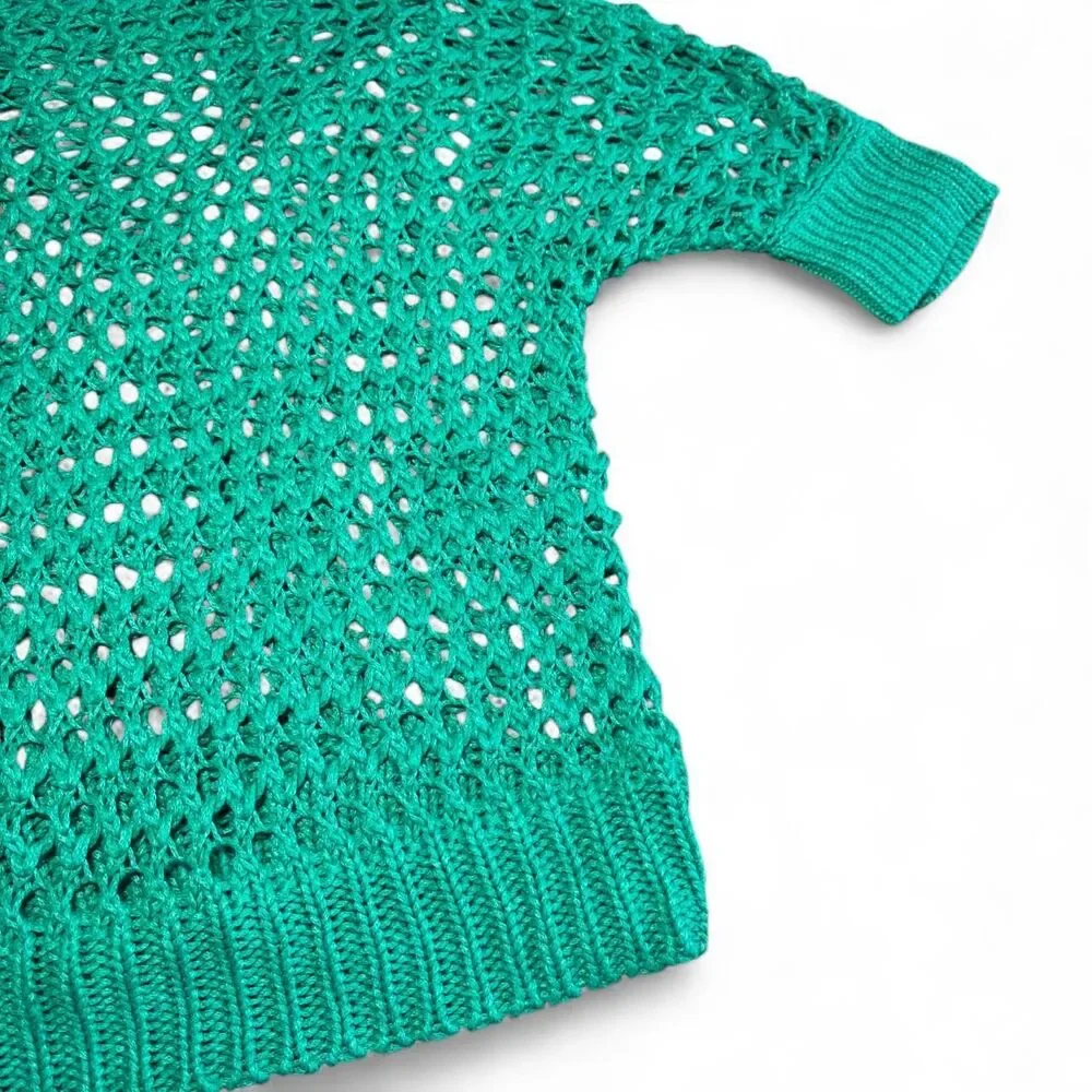 Chico's Open Knit Crochet Sweater Green Linen Blend Mesh Net Pullover Size 1 M/L